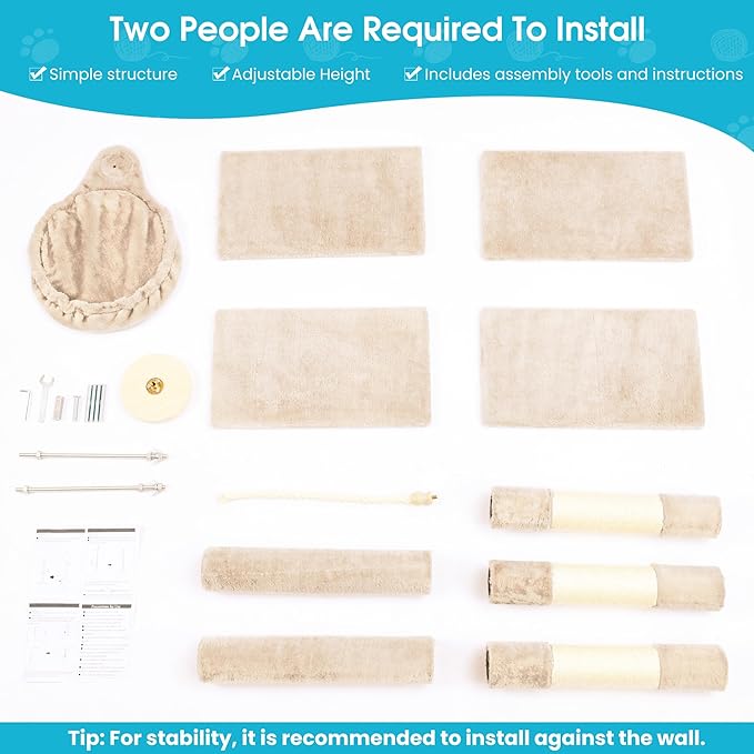 Cat Tree 5-Tier Floor to Ceiling, 89-109 Inch Adjustable Height Cat Tower with Cozy Hammock, Cat Climbing Tree for Indoor Cats, Beige-Mewly Pet