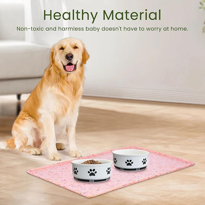 Ptlom Dog Food Mat Anti-Slip Dog Bowl Mats for Food and Water, Waterproof Pet Placemat Prevents Messy Spill to Floor, Silicone Puppy Feeding Tray for Small, Medium and Large Dogs Cats, Pink-Mewly Pet