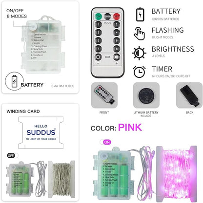 suddus Pink Christmas Fairy Lights Battery Operated Outdoor Waterproof, 66ft 200 Led String Lights with Remote, Twinkle Lights for Bedroom, Dorm, Tapestry, Party Decorations