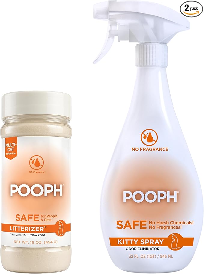 POOPH® LITTERIZER™ + Kitty Spray Bundle – Fragrance-Free Odor Eliminator for Litter & Cat Areas, Absorbs Moisture, Non-Toxic, No Harsh Chemicals, Patented Technology for Everyday Use-Mewly Pet