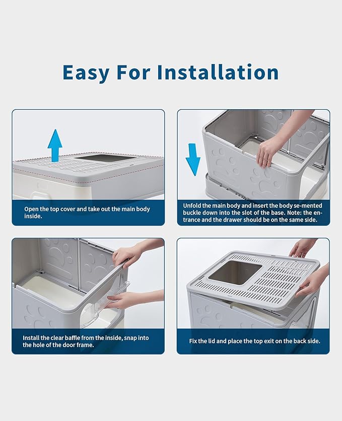 Cat Litter Box with Litter Mat and Scoop, Large Foldable Litter Box with Lid, Front Entry Top Exit Kitty Box, Odor Control, Easy to Clean (Grey)-Mewly Pet