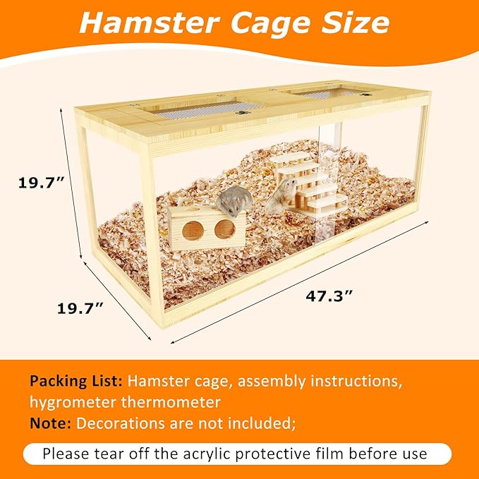 Large Hamster Cage 48", Front Opening Lockable Sliding Door Gerbil Cage, Dwarf Hamster Cage with Metal Mesh Roof, Chewproof Syrian Hamster Habitat Enclosure, (Wooden, 48" L x 20" W x 20" H)-Mewly Pet