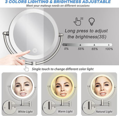 Hard Wired Makeup Mirror with Lights Wall Mounted with Magnification, 8 Inch Double Sides 10X Magnifying Bathroom Mirror 3 Color Lighting Touch Dimming, Extended Arm Shaving Mirror, Brushed Nickel