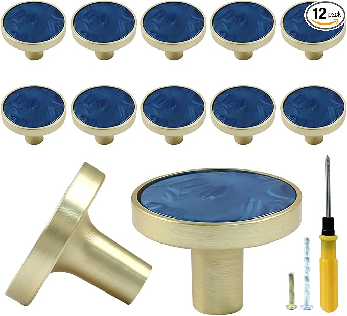 12 Pcs Gold Knobs for Dresser Drawers, Round Dresser Cabinet Knobs Pulls for Kitchen Cabinet Cupboard Door Furniture Decorative, Navy Blue