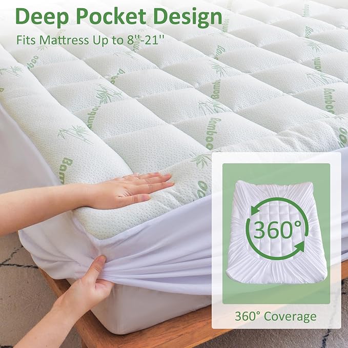 Bioeartha Cooling Mattress Topper Twin – Extra Soft Pillow Top Mattress Pad, Breathable Viscose Made from Bamboo Mattress Protector for Back Pain Relief, Deep Pocket Cover Fits 8–21 Inch