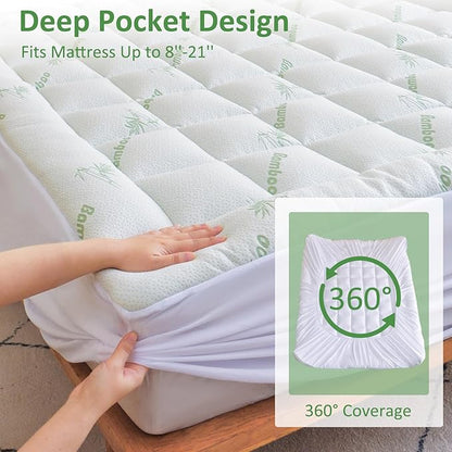 Bioeartha Cooling Mattress Topper Queen – Extra Soft Pillow Top Mattress Pad, Breathable Viscose Made from Bamboo Mattress Protector for Back Pain Relief, Deep Pocket Cover Fits 8–21 Inch