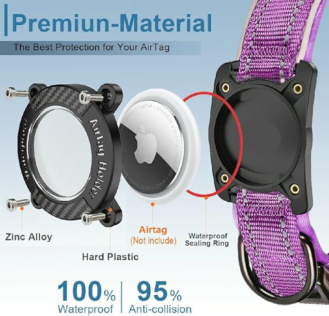Upgraded AirTag Dog Collar, IP68 Waterproof Dog Collar with Apple Air Tag Holder, Reflective Adjustable Heavy Duty Dog Collars with Soft Padded for Small, Medium and Large Dogs,Purple, S-Mewly Pet