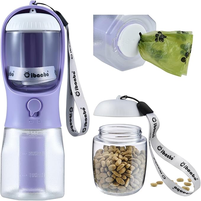 Dog Water Bottle with Food Container & Poop Bag Holder, Travel Water Bowl, Portable Pet Dispenser, Dog Stuff Accessories Items, Puppy Essentials Necessities for Yorkie Chihuahua Walking Hiking-Mewly Pet