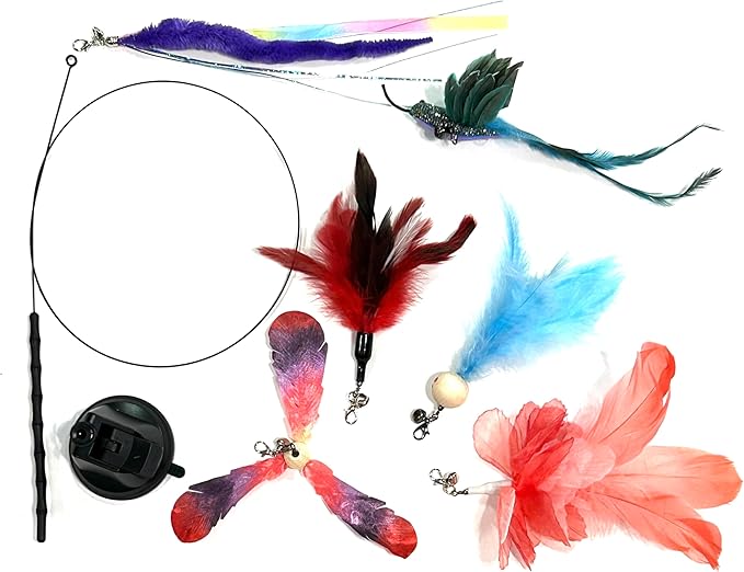 Interactive Cat Teaser Wand with Feather Attachments, Multi-Color Toys, 8 Piece Set-Mewly Pet