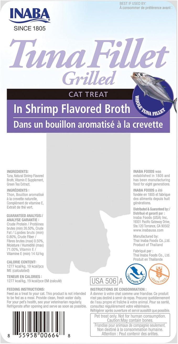 INABA Premium Hand-Cut Grilled Tuna Fillet Cat Treats/Topper with Vitamin E and Green Tea Extract, 0.52 Ounces Each, Pack of 6, Shrimp Broth-Mewly Pet