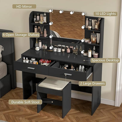 usikey Vanity Desk with Mirror and Lights, Vanity Makeup Table Set with 2 Drawers & 6 Open Shelves, Makeup Vanity Desk Dressing Table with Cushioned Stool, Black