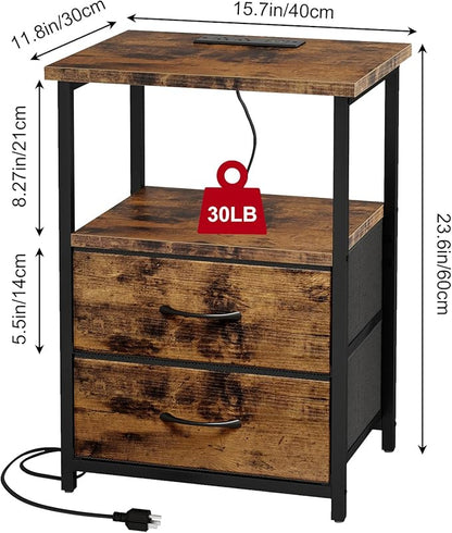 Fixwal Rustic Brown Night Stand with Charger Station, Nightstand with Charging Station & Fabric Drawers