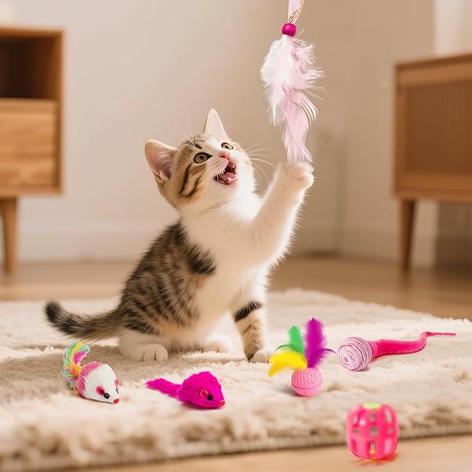 MALLMALL6 Cat Interactive Toys Set - 27Pcs Kitten Toys Stuff Pink Feather Teaser Wand Springs Mice Sisal Fish Crinkle Balls Bell Balls, Puzzle Gift Pack for Indoor Kitty Play Exercise-Mewly Pet