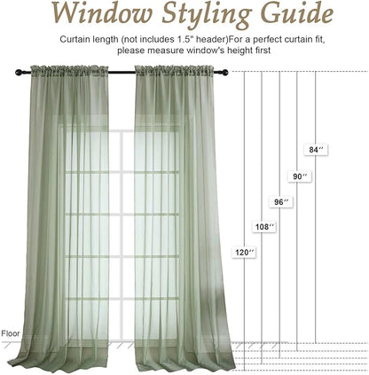 OVZME Sage Green Bedroom Curtains 96 Length for Farmhouse, 59 Inch Extra Wide Light Filtering Voile Drapes Light Airy Window Decor for Patio Door Living Room Bedroom Dining, 59Wx96L Inches
