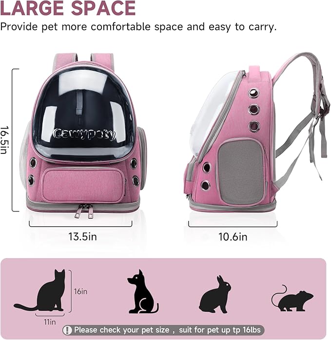 Cat Backpack Carrier, Breathable Cat Carrier Large Space Bubble Pet Backpack for Kitty Small Dog up to 15lbs, Transparent & Foldable Pet Carrier for Travel Hiking（Pink）-Mewly Pet