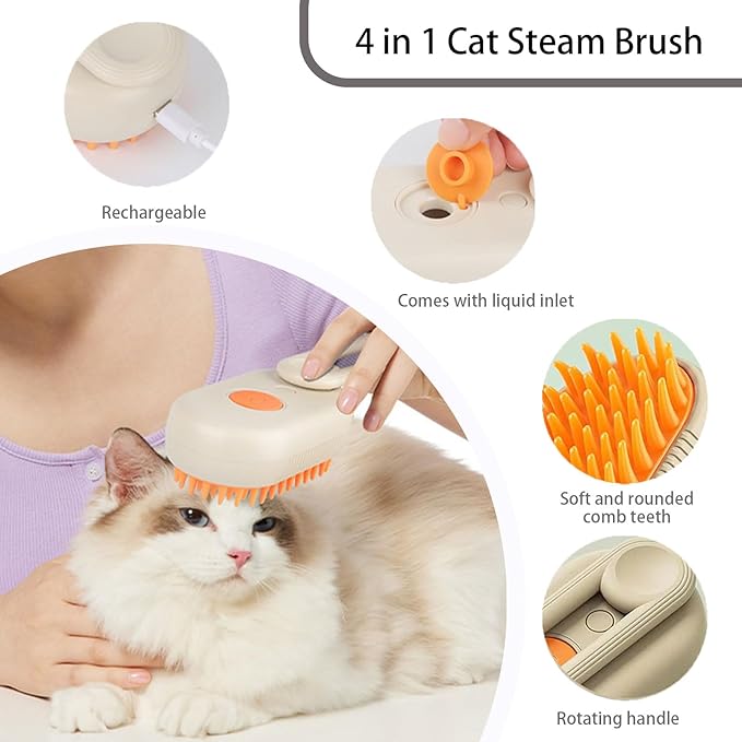 cat steam brush for shedding -4 in 1 Rechargeable Steam Brush for Cats and Dogs, Anti-static, Massage, Cleaning, Shedding & Combing All In One! grooming tool for cats and dogs（Brown）-Mewly Pet