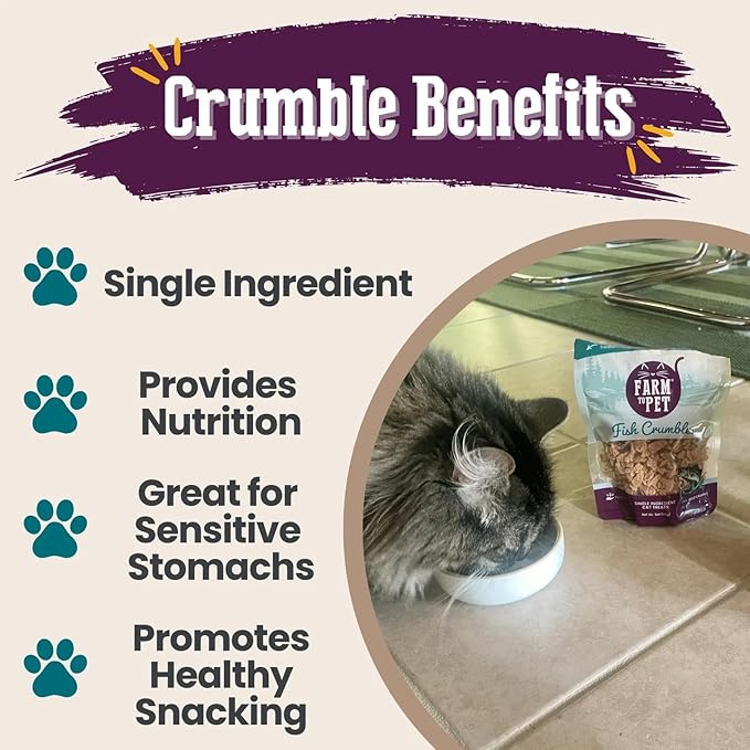Farm To Pet - Cat Treat Crumbles - 3 oz Single Ingredient Fish Treat and Snacks - Healthy for Indoor Cats and Kitten - Essential Products (Mix with Wet/Dry Food)-Mewly Pet
