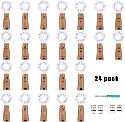 YJFWAL 24Pack 20LED Wine Bottle Lights with Cork, Cork Shape Silver Copper Wire Fairy Mini String Lights Fairy Lights Battery Operated for DIY, Party, Wedding, Christmas, Halloween Decor (Cool White)