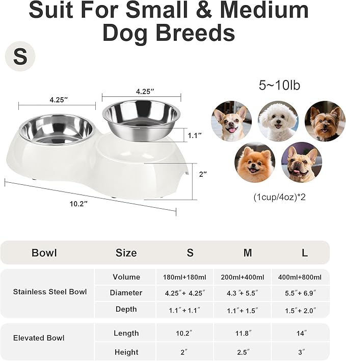 Stainless Steel Dog Bowls Set – Dual Non-Slip Pet Dishes with 2 Small (4oz*2) Bowls & Durable Resin Stand,Food & Water Feeder for Puppies, Kittens, and Small Breed Dogs– White-Mewly Pet