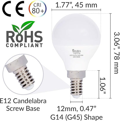 Simba Lighting LED Candelabra E12 Base G14 Small Globe 5W 40W Replacement Light Bulb (6 Pack) for Ceiling Fan, Chandelier, Vanity, Round A15 Frosted White Cover, Non-Dimmable, 3000K Soft White