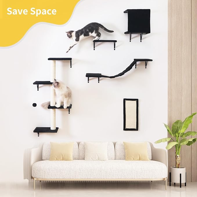 Modern Wall-Mounted Cat Furniture - 5pcs Cat Wall Shelves, Wooden Climber Includes House, Bridge, Tree, Steps, and Scratcher (Black)-Mewly Pet