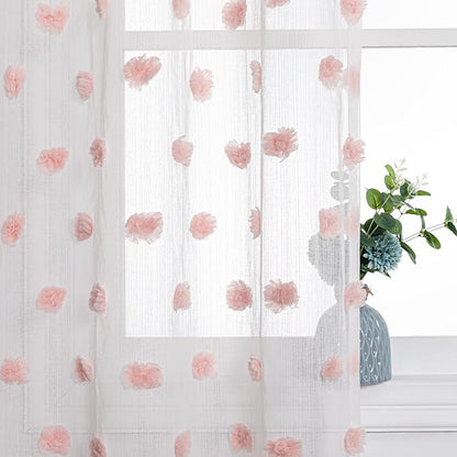 MYSKY HOME Large Pom Pom Curtains - 108 Inch Length, 2 Sets Semi Sheer Boho Curtains for Living Room, Dining Room, Baby Pink, Rod Pocket Backdrop Window Drapes, 37 x 108 inch