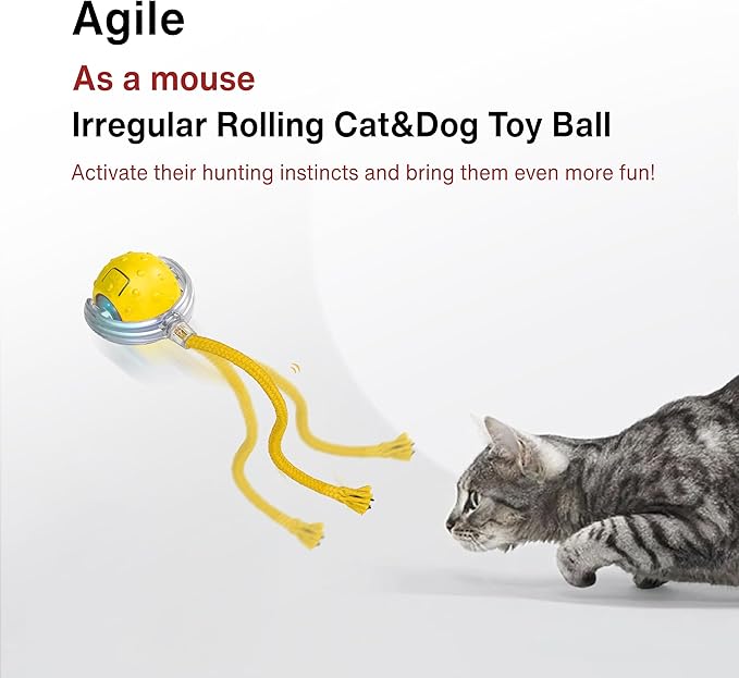 Interactive Cat Toy – Motion Activated Rolling Ball with LED Lights & 3 Play Modes & Two Different Tails - Best Toy for Indoor Cats & Kittens to Stay Active and Stimulate Hunting Instinct (Yellow)-Mewly Pet