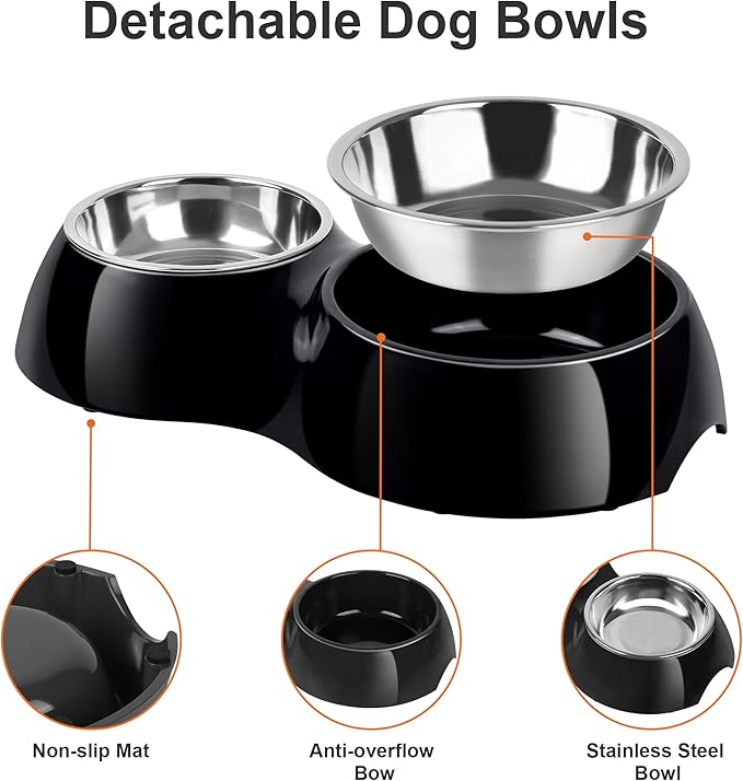 Double Dog Bowls Set – Non-Slip Pet Food & Water Dishes with Resin Stand, Includes Small (1 Cup) & Medium (2 Cups) Bowls – Ideal for Puppies, Cats, and Medium Dogs –Black-Mewly Pet