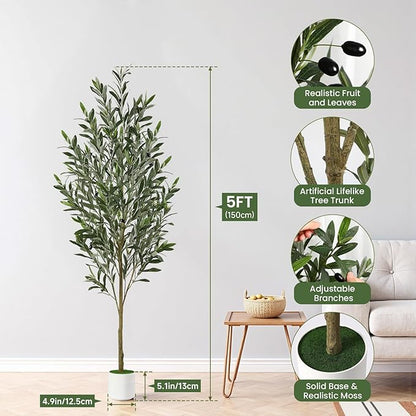 Alupssuc 5FT Artificial Olive Trees, Faux Silk Plant with Lively Artificial Trunk and Lifelike Fruits, Indoor Fake Potted Tree with White Planter for Modern Home Office Living Room Decor