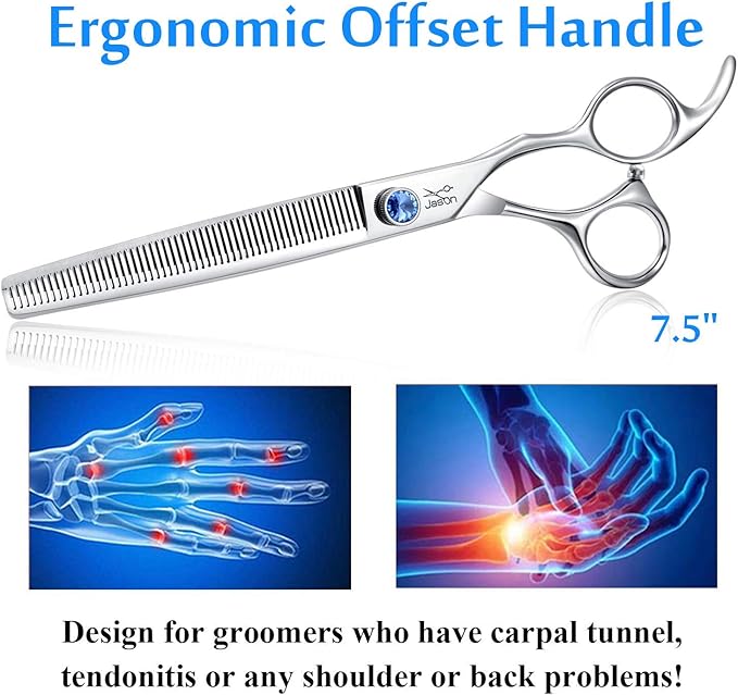 JASON 7.5" 56-Tooth Blending Dogs Grooming Scissors Cats Thinning Shears Pets Blender Thinner Trimming Texturizing Kit with Offset Handle Blue Jewelled Screw (7.5 Inch)-Mewly Pet