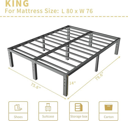 ALDRICH 14 Inch Metal King Size Bed Frame - Double Black Basic Steel Slats Platform, Easy Assembly Heavy Duty Noise Free Bedframes, No Box Spring Needed