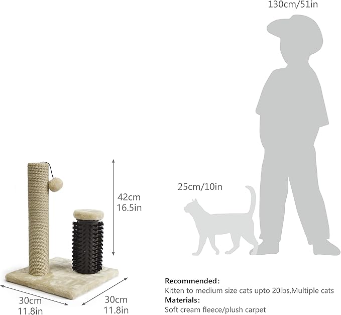 Amazon Basics Cat Scratcher - Indoor Classic Single Cat & Kittens Scratching Post with Brush, Small (16.5" H) - Beige-Mewly Pet