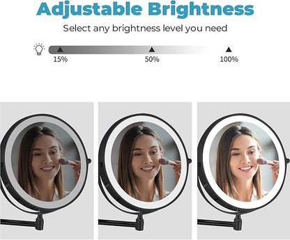 Fab Glass and Mirror Rechargeable 8" Lighted Vanity Makeup Mirror, Dual-Sided 1X/10X Magnification with 3 Color LED Touch Control, Dimmable & Rotating Wall Mounted Design (Black)