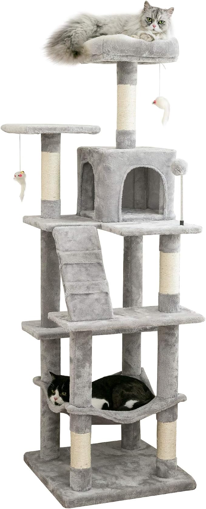 MWPO 63.8 inches Multi-Level Cat Tree for Large Cats with Sisal-Covered Scratching Posts, Padded Platform, Hammock and Condo,Stable Cat Tower Cat Condo Pet Play House-Light Gray-Mewly Pet