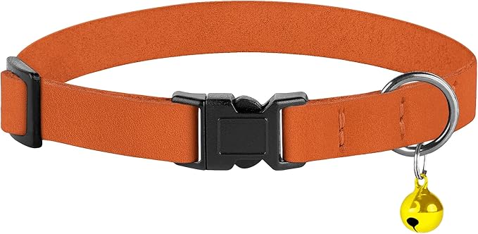 Breakaway Cat Collar Leather with Removable Bell - 13 Colors Available - Soft Adjustable Girl Boy Safety Lightweight Pet Kitten Collars Pink Brown Blue Green Red Orange Black (Orange)-Mewly Pet