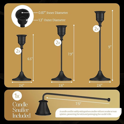 Black Candleholders for Taper Candlesticks Plus Candle Snuffer – Dining Table Décor Centrepiece - Metal Candelabra Candlestick Holder - Black Décor for Home Weddings Celebrations Events (Set of 6 Pcs)