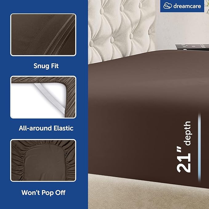 DREAMCARE King Size Sheets Set – 4 pcs Cooling Sheets – up to 21” Deep Pocket King Sheet Set – Hotel Luxury Sheets & Pillowcases – Superior Softness 100% Microfiber with Side Pocket - Mocha Brown