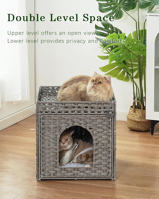 Cat Beds for Indoor Cats Extra Large Double Cat Cave Pet Cube, Handwoven Rattan Cat Houses with Double-Sided Soft Cushions, 18.5 x 20.5 x 19.1 Inches Foldable Hideaway in Living Room Gray-Mewly Pet