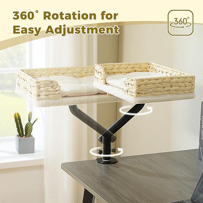 PAWZ Road Cat Desk Bed for Indoor Cats, Wicker Cat Bed for Desk Supports Up to 50 lbs, 360° Rotation & Adjustable Soft Plush Cats Hammock for Desktop, White-Mewly Pet