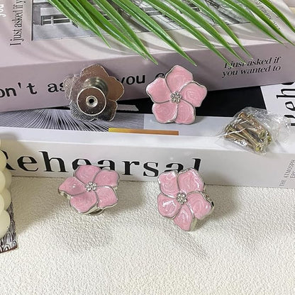 4pcs Petal Handles Zinc Alloy Single Hole Flower Shape Inlaid Rhinestone Drawer Pull Kitchen Handle for Dresser Closet Furniture Handle（Pink Silver）