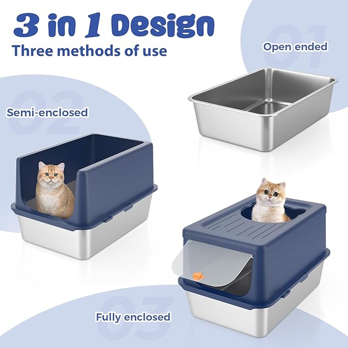 Litter Box with Lid, Stainless Steel Litter Box XL, 14" H Metal Cat Box with High Sides Wall Enclosure, Cat Pan, Non-Sticky, Easy Clean, Anti-Leakage, Blue-Mewly Pet