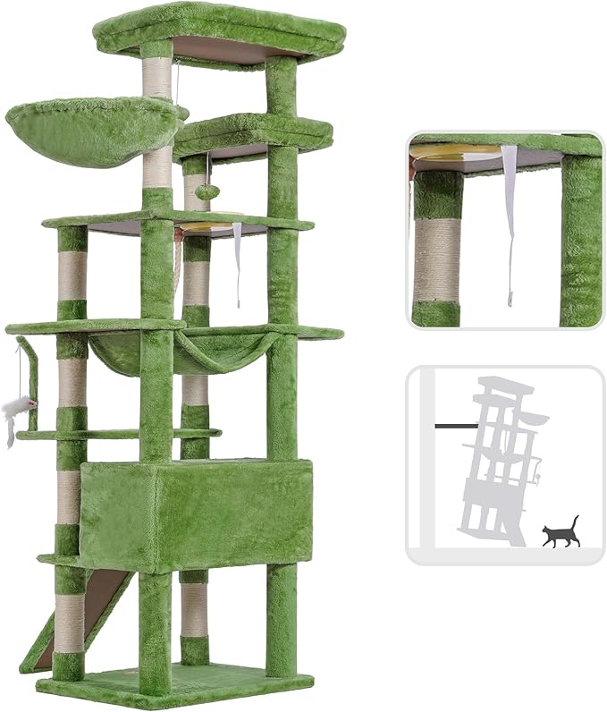 Heybly Tall Cat Tree,78 inch Multi-Level Cat Tower for Indoor Cats, 2 Widened Plush Perches Cat Condo with Scratching Board and Big Caves, Green HCT033GR-Mewly Pet