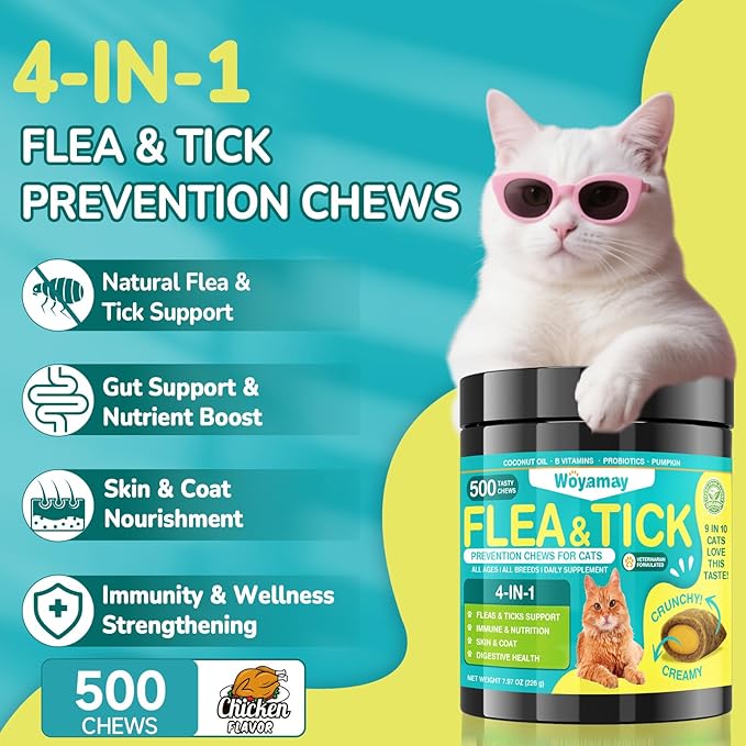 4-IN-1 Flea and Tick Prevention for Cats, 500 Crunchy & Creamy Chews, Cat Flea Treatment, Natural Oral Flea Treatment for Cats, Daily Support for Flea, Immune, Skin & Coat, Gut, Chicken Flavor-Mewly Pet