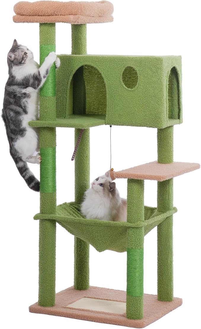 54” Cat Tree for Large Cats Big Cat Tower with Enlarged Hammock 21.6x17.7” Spacious Cats Condo House, Roomy Top Bed,Multiple Scratch Posts and Pad for Indoor Adult Cats (Green, Large-54)-Mewly Pet