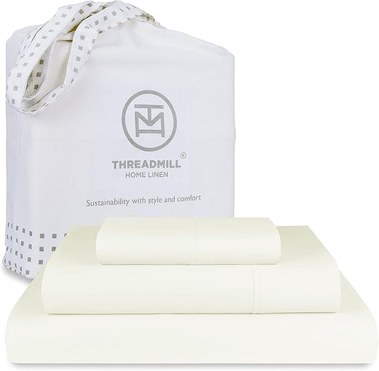 Threadmill Luxury 800 Thread Count 100% Cotton Sheets - Sateen Weave Twin XL Bed-Sheets, Better Than Egyptian Cotton,3 Pc Solid Soft Bedding Set (Ivory), Fits 15" Deep Pocket