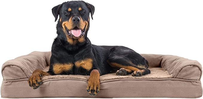 Furhaven Orthopedic Dog Bed for Large Dogs w/ Removable Bolsters & Washable Cover, For Dogs Up to 95 lbs - Plush & Suede Sofa - Almondine, Jumbo/XL-Mewly Pet