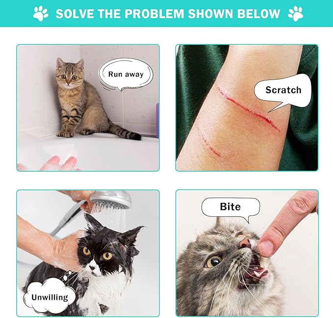 JULMELON Cat Washing Bag 10 PCS Set, Adjustable Cat Shower Net Bag and Pet Grooming Brush with Nail Clipper Nail File Hair Combs Tick Tool Nail Caps for Bathing Nail Trimming Examination（Grey+Green）-Mewly Pet