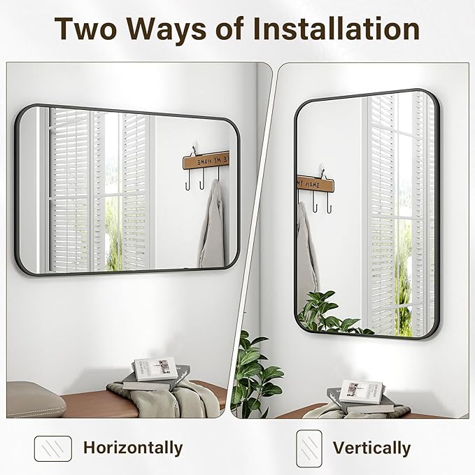 HARRITPURE Rectangular Bathroom Mirror 48''x30'' Black Bathroom Wall Mirror Aluminum Frame Wall-Mounted Mirrors for Entryway Bedroom Living Room