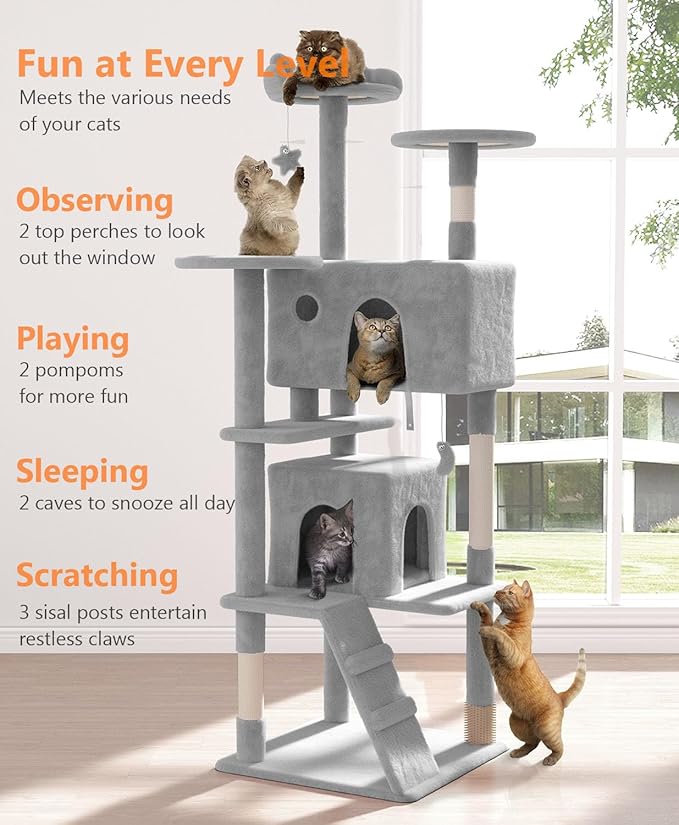 70'' Cat tree Tower for Indoor Cats Large Adult,Cute/Tall Modern Cat Tree for Big Cats 20 lbs,Plush Multi-Level Cat Condo with Scratching Posts,Dangling Ball for fun play(Light Gray, 70 inch)-Mewly Pet