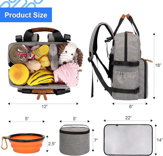 Modoker Dog Travel Bag, Airline Approved Backpack for Pet Accessories Organizer, Tote Weekend Bag with 2 Dog Food Storage Containers, 2 Collapsible Dog Bowls, 1 Pet Mat, Grey-Mewly Pet